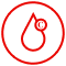 Red circular icon with a drop shape containing a plus symbol and an orange, representing vitamin C.