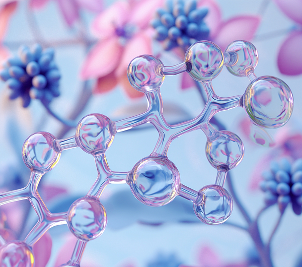 Close-up of a translucent 3D molecular structure with connected spherical nodes against a blurred background of pink and blue floral shapes.