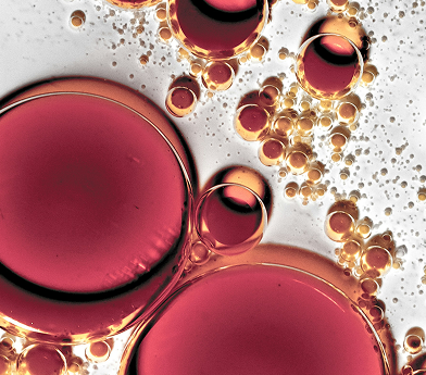 Close-up of red and orange oil droplets suspended in a translucent liquid background.