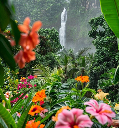 Lush tropical garden with colorful flowers in foreground and a tall waterfall cascading down a cliff in the background.