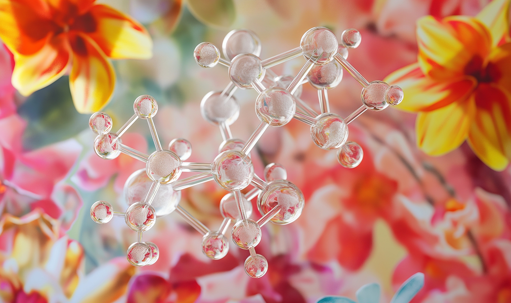 Transparent molecular structure model with interconnected spheres against a colorful, blurred floral background.