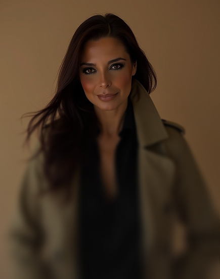 Smiling woman with long dark hair wearing a beige coat over a black top against a neutral background.