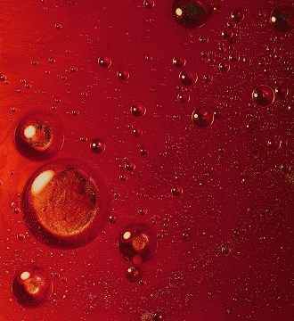 Close-up of bubbles suspended in a red liquid background.