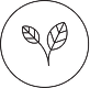 Black circular icon with two outlined leaves inside.