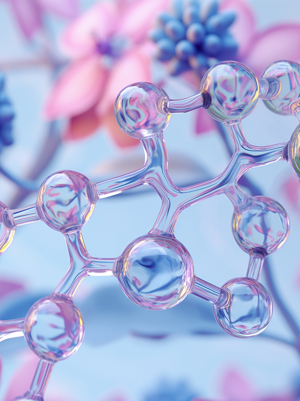 Close-up of a transparent molecular structure with spherical atoms connected by cylindrical bonds against a soft-focused background of pink and purple flowers.