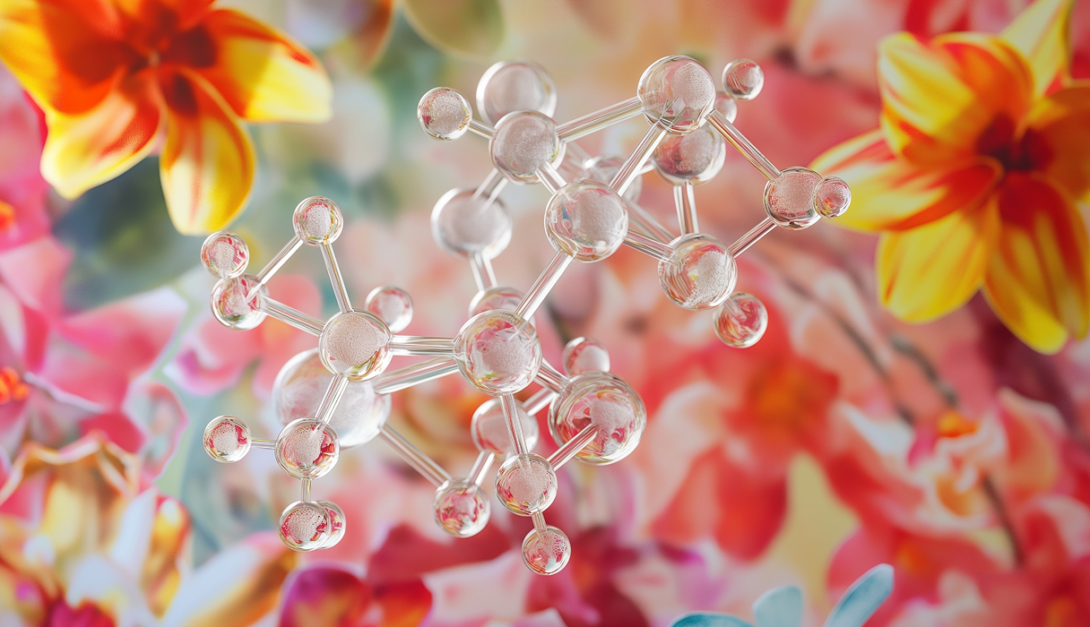Transparent molecular structure model with connecting rods, set against a colorful blurred floral background.
