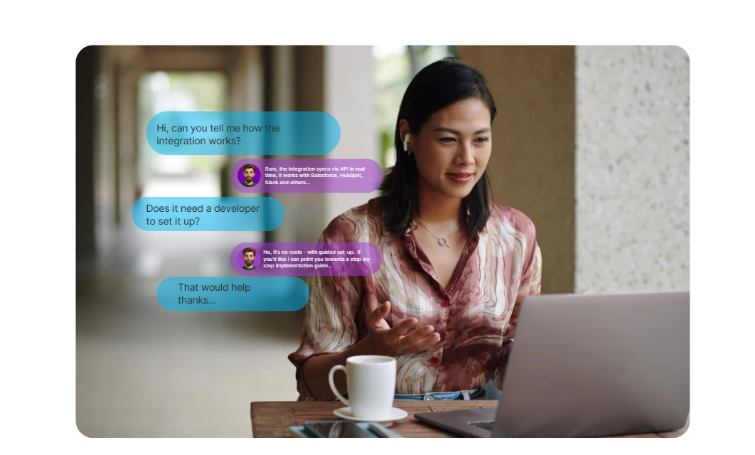 A woman wearing earbuds chats on a laptop, with digital chat bubbles showing a conversation about integration and setup.