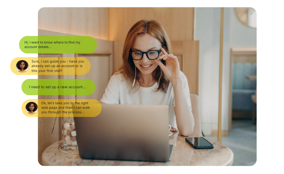 A woman with glasses smiling while using a laptop at a café table with a smartphone beside her and chat bubbles showing a customer service conversation about setting up a new account.