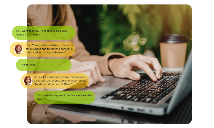 Close-up of hands typing on a laptop keyboard with chat bubbles overlaid discussing hiring a venue for a corporate event and scheduling a call for Monday at 10am.