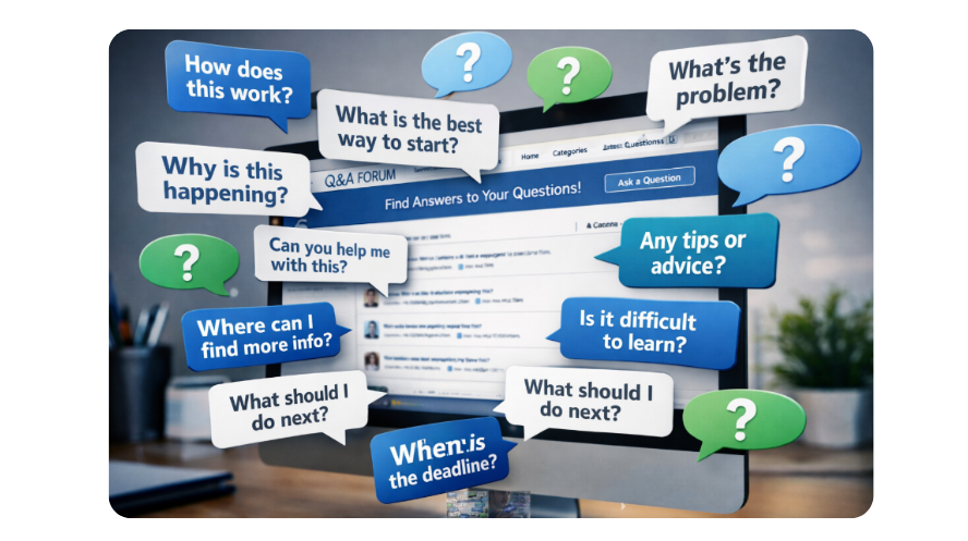Computer screen displaying a Q&A forum surrounded by multiple speech bubbles with questions like 'How does this work?', 'What is the best way to start?', and 'Any tips or advice?'