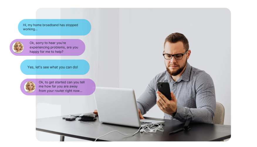 Man with glasses sitting at a desk using a smartphone and laptop, shown alongside chat bubbles discussing home broadband support.