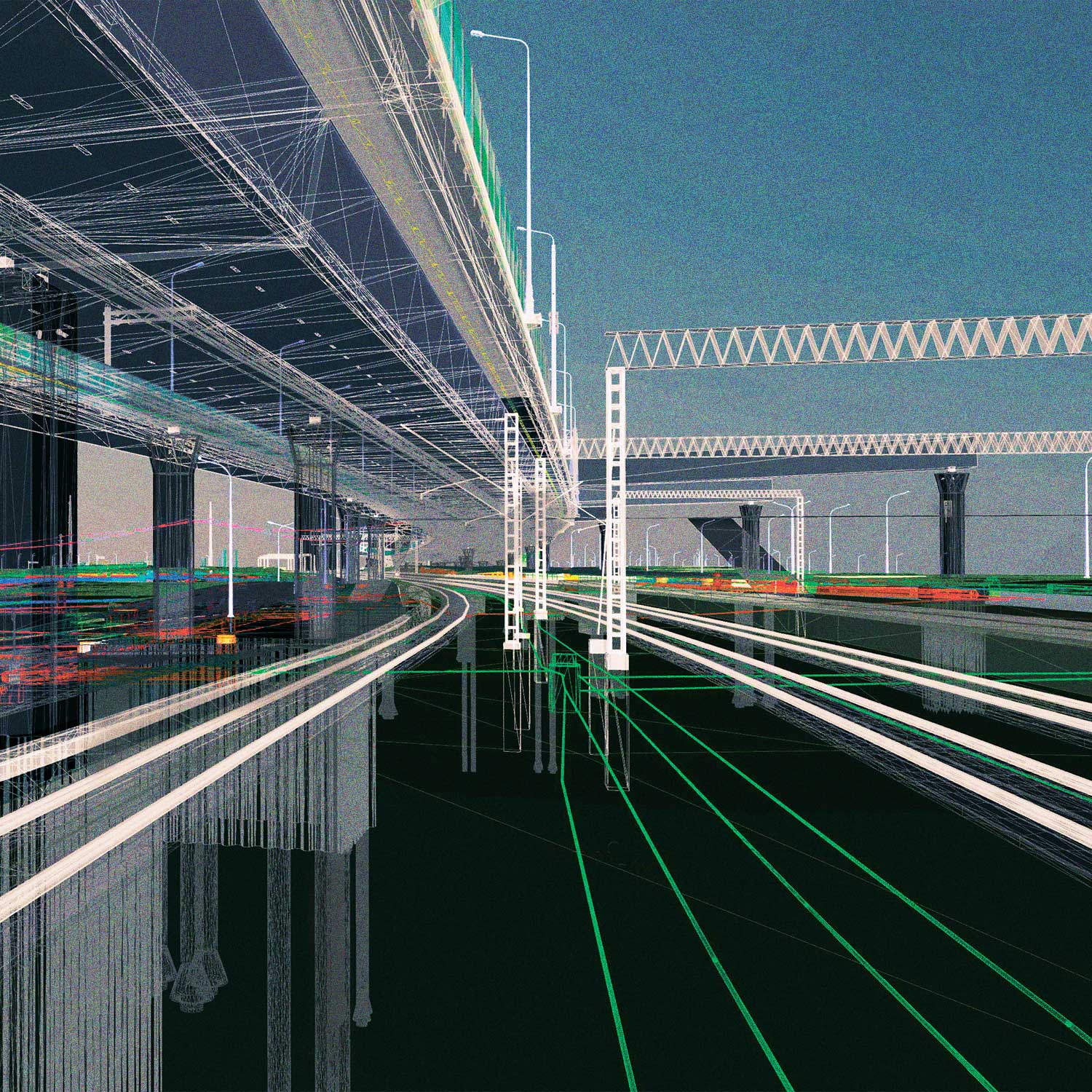 3D digital model of a multi-level highway interchange with structural elements and roadway lines.