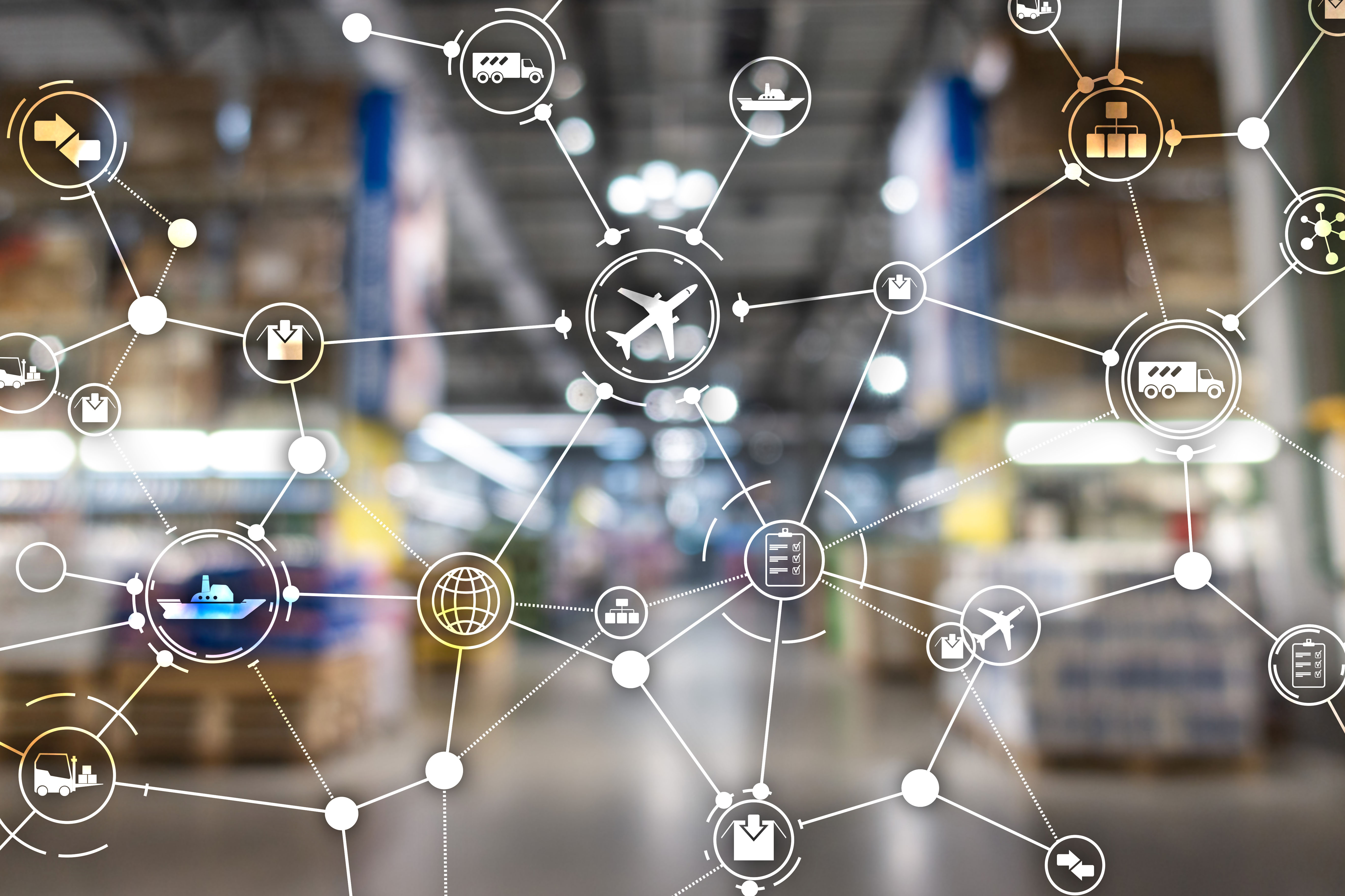 Warehouse interior with overlaid network of logistics icons including airplane, truck, ship, clipboard, and package symbols connected by lines.