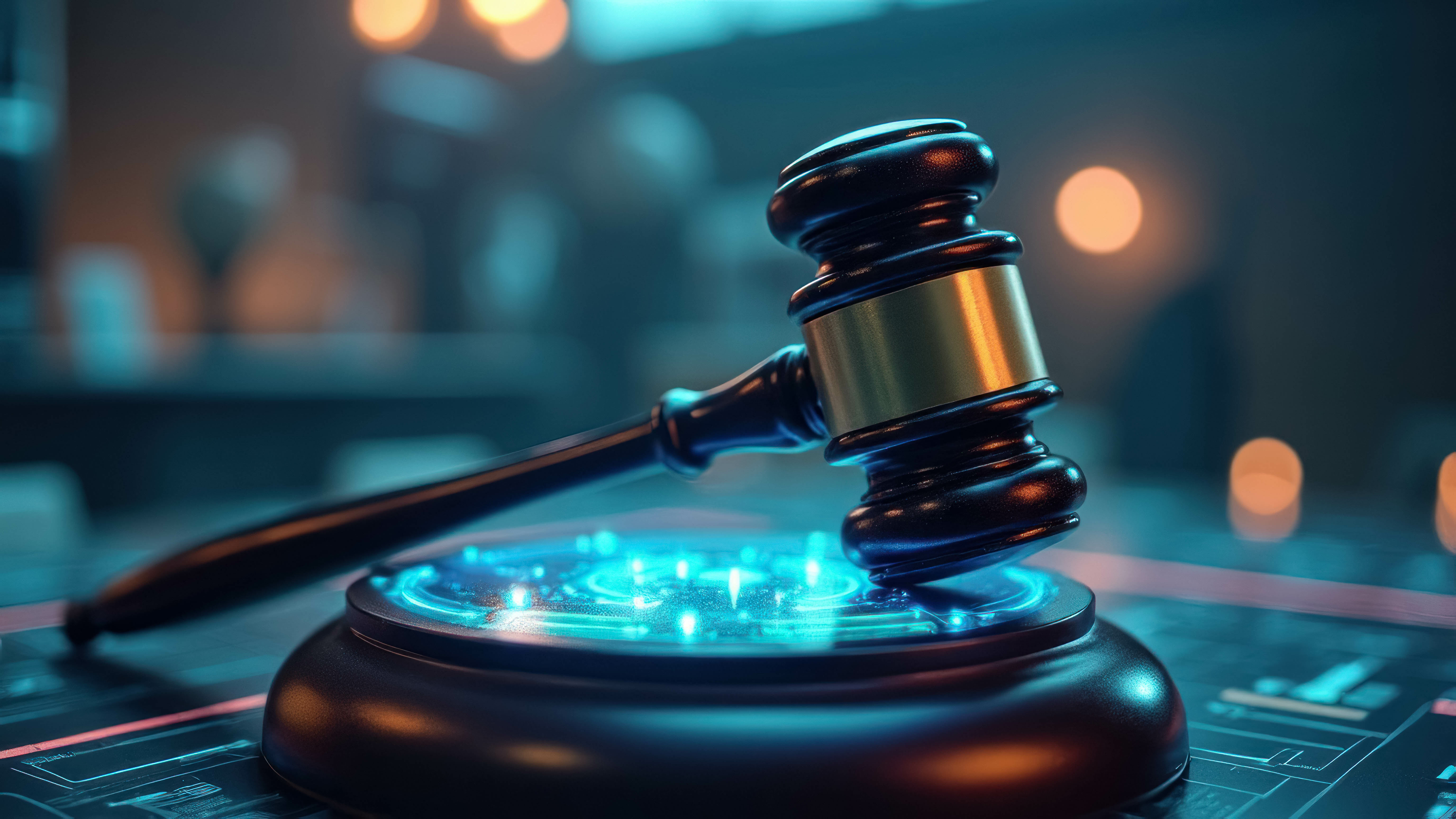 Close-up of a judge's gavel resting on a glowing digital surface with a blurred background.