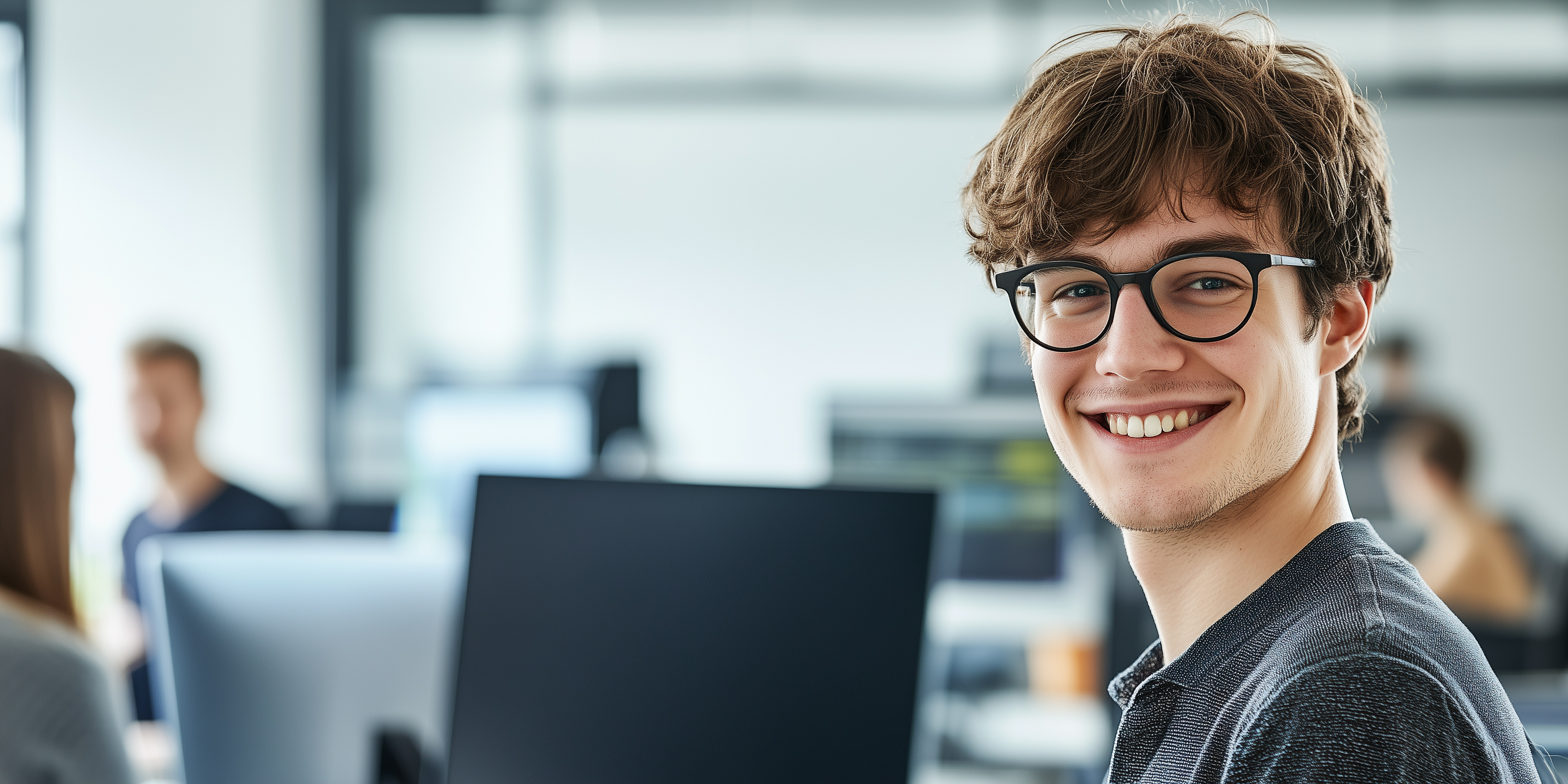 Smiling young man with glasses sitting in a modern office with computer monitors and blurred coworkers in the background.