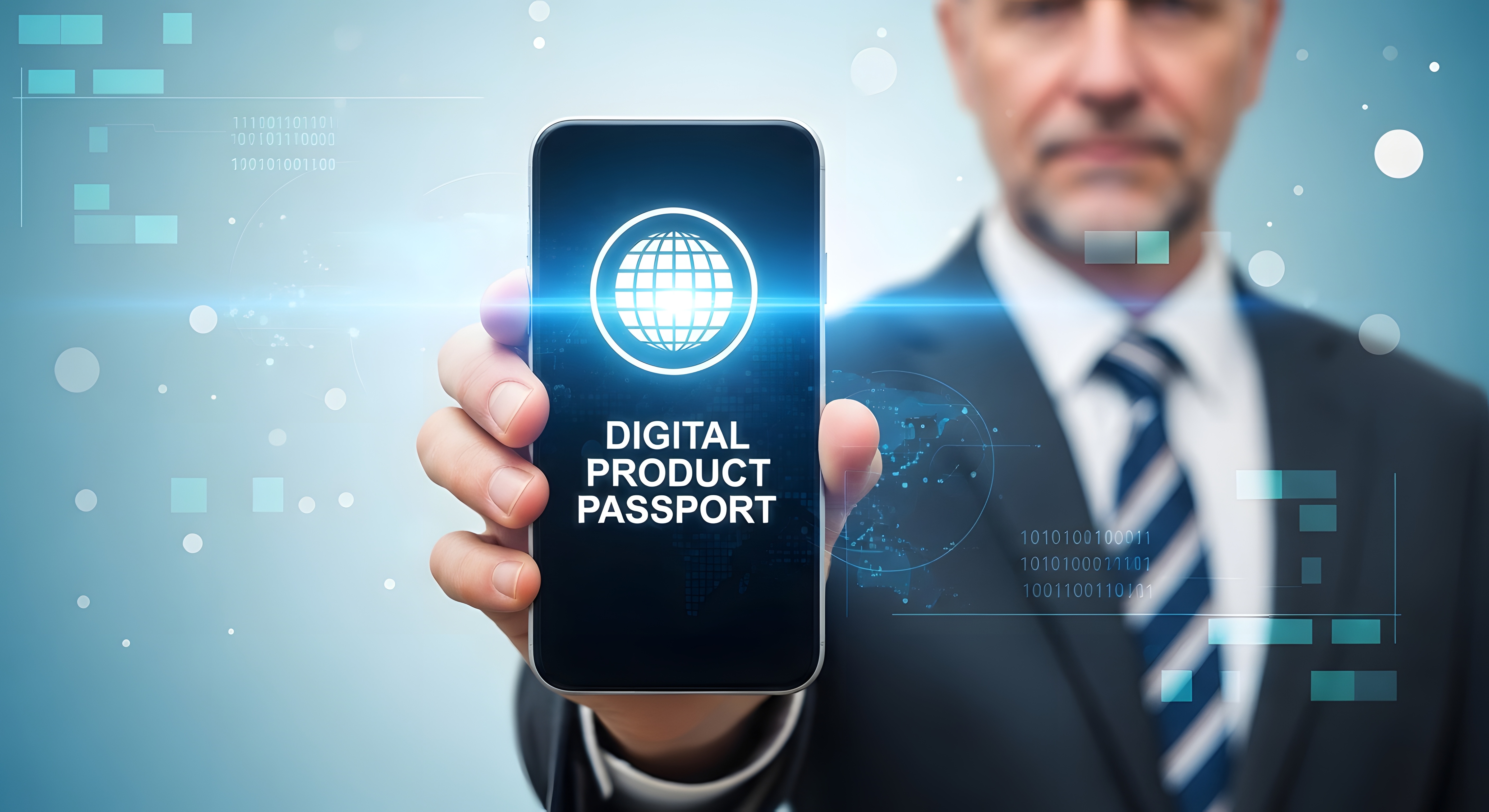 Man in suit holding smartphone displaying a digital product passport with a globe icon on the screen.