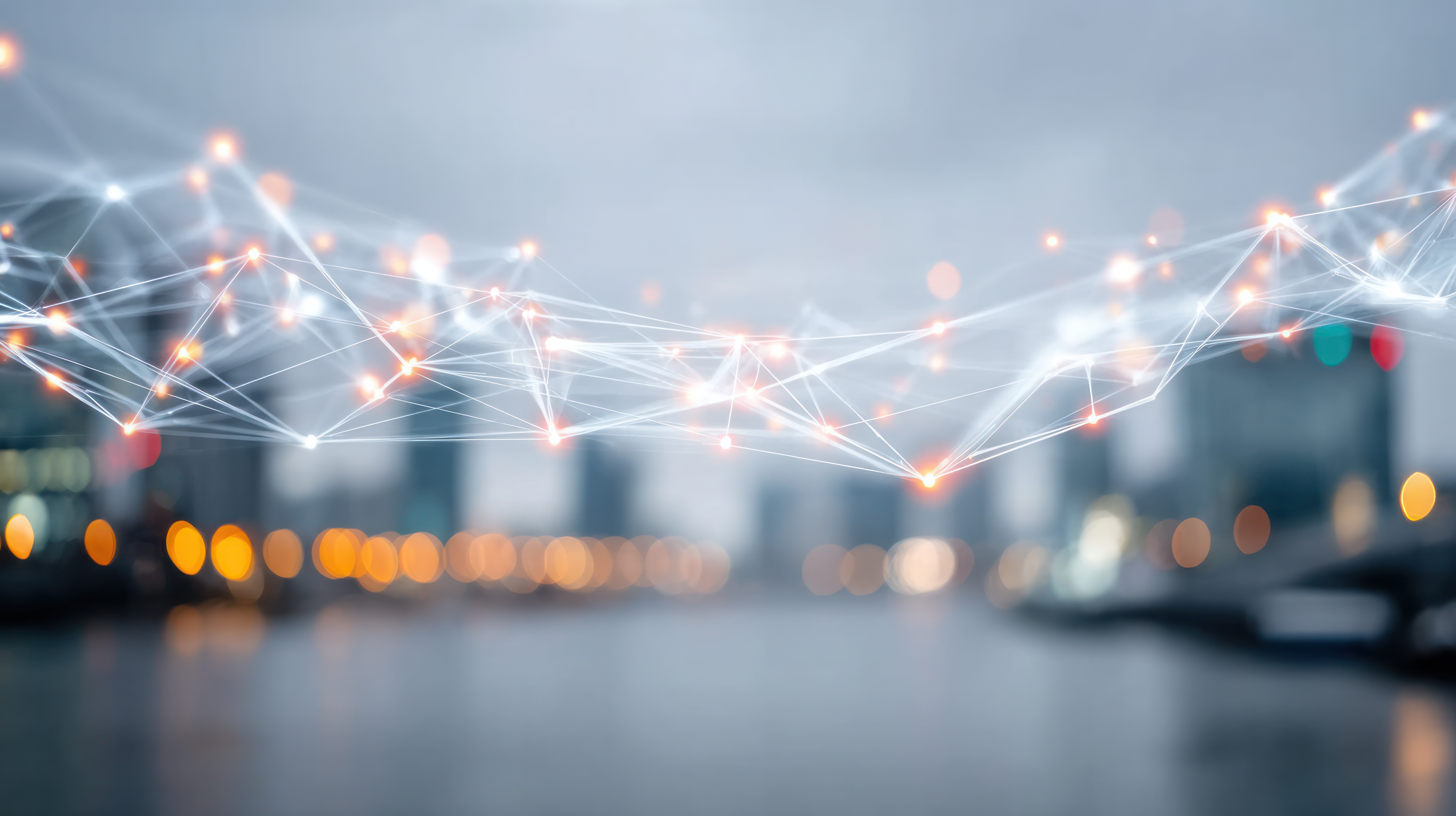 Abstract network of glowing white and orange connected nodes over blurred cityscape background.