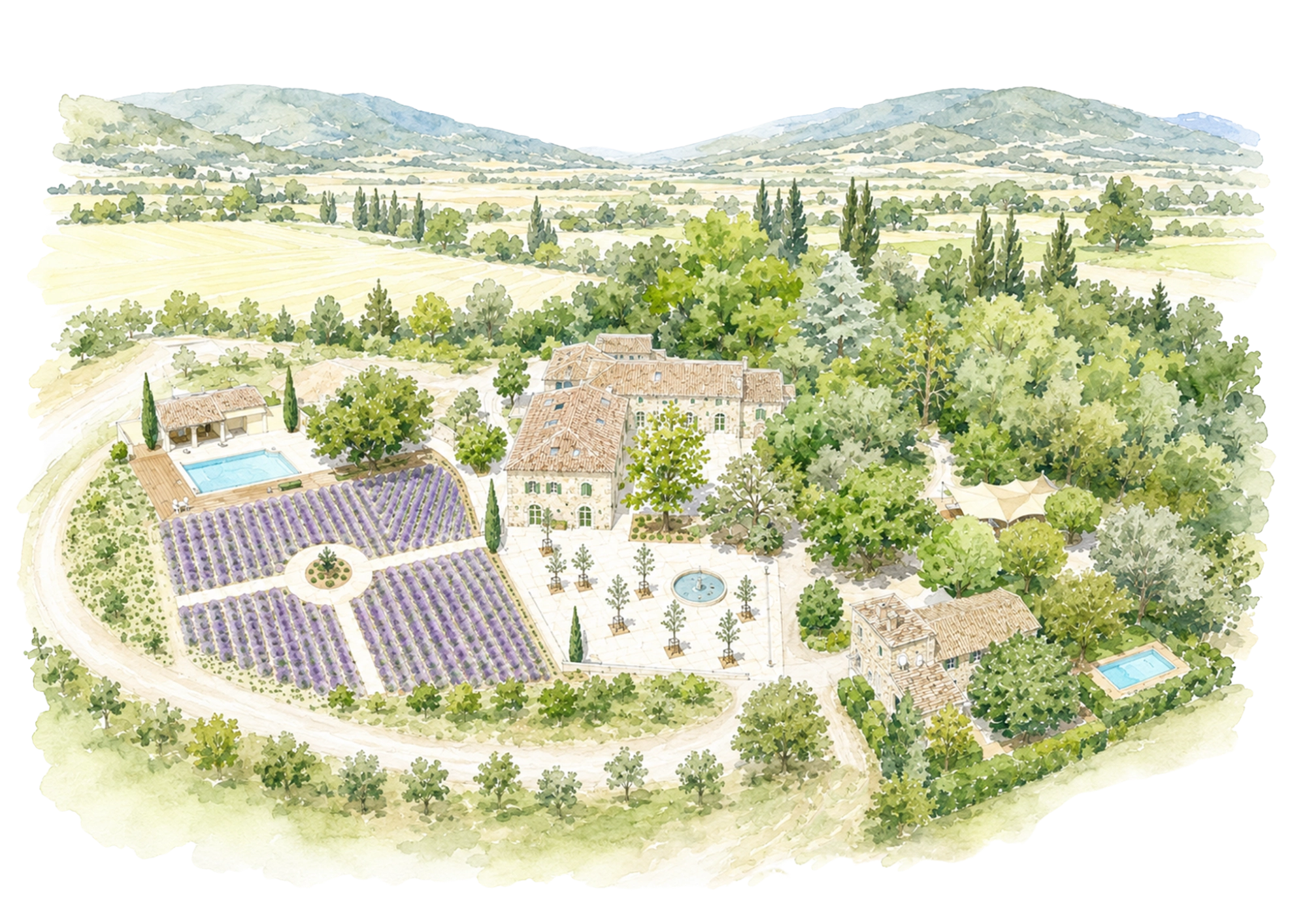 Watercolor illustration of a country house with garden, pool, lavender, trees and remote hills.