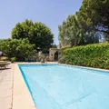 Rectangular pool surrounded by hedges, trees and blue sky in a sunny garden.
