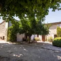 Shaded entrance to a stone house with a large tree and bushes in Provence.