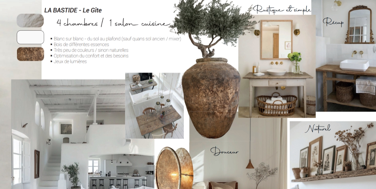 Chambre en design de gîte rustique, style campagne française, décor blanc, meubles en bois recyclé, esthétique simple