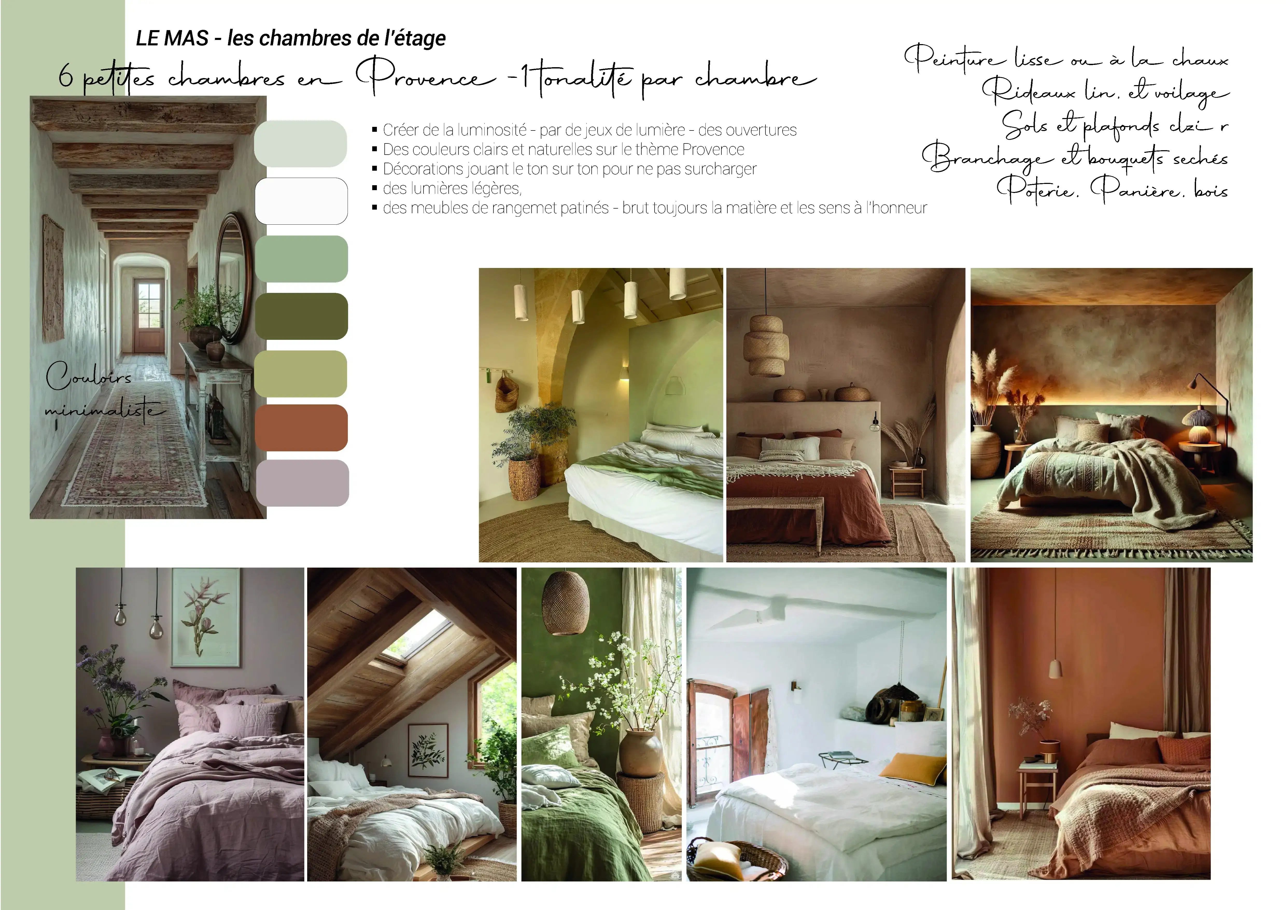 chambres provençales avec ambiance minimale et naturelle, couleurs terre et sauge, poutres en bois, linge de lit en lin
