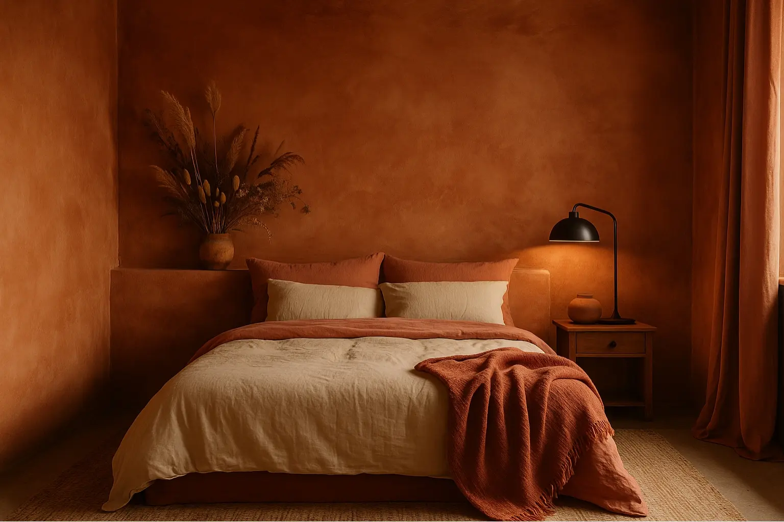 Chambre contemporaine style terre cuite, murs texturés orange brûlé, lit plateforme, linge de lit terracotta et beige, jeté de lit texturé, lampe de table noire et bois.