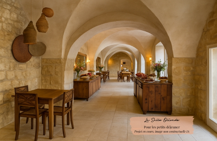 La Salle Olivade pour petit-déjeuner, intérieur voûté, style provençal ou bastide, murs de pierre apparente, mobilier en bois rustique foncé, tables pour deux ou quatre personnes, buffets avec plateaux de fruits et fleurs