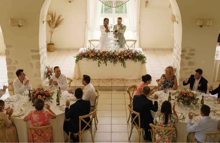 Mariage intérieur dans une salle voûtée, mariés coupant une pièce montée ou versant du champagne sur une table d'honneur, invités assis à des tables rondes avec décorations florales, ambiance festive et lumineuse, tables de réception.