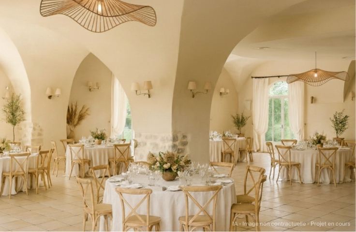 Salle de réception style bastide provençale, tables rondes dressées avec nappes blanches, chaises croisées en bois clair