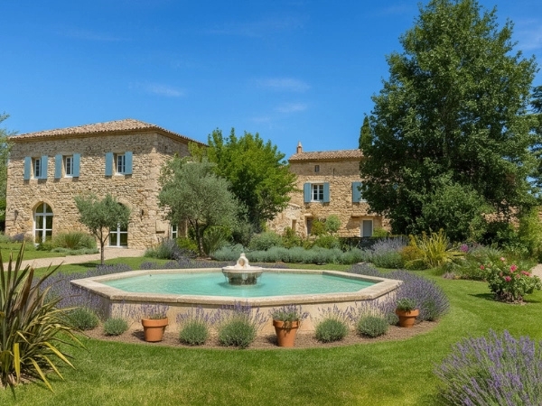 Extérieur du Domaine de la Vivande à La Marsanne, mas provençal en pierre, fontaine octogonale centrale, bassin entouré de lavande et de pots en terre cuite
