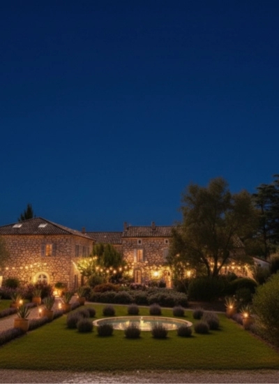 Domaine de la Vivande de nuit, éclairage d'ambiance, mas provençal en pierre illuminé, jardin avec fontaine centrale
