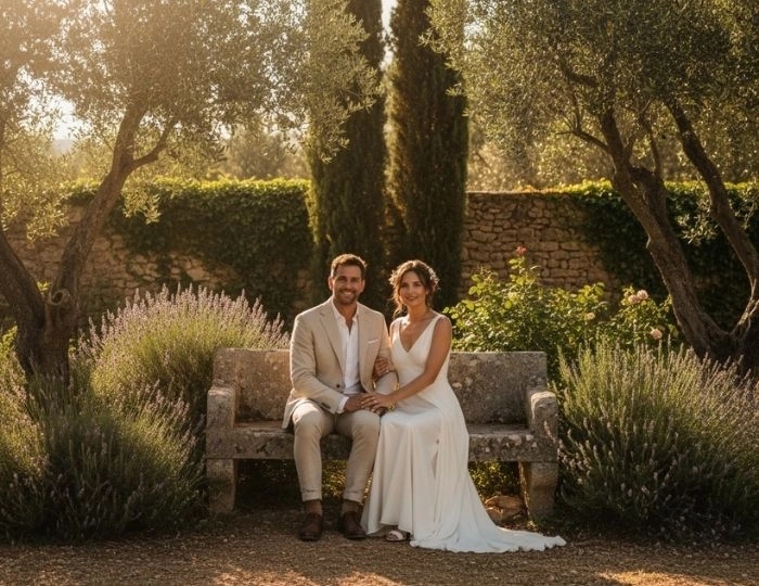 Portrait de mariage au Domaine de la Vivande, couple de mariés assis sur un banc en pierre, mariée en robe de mariée blanche, marié en costume beige, jardin provençal,