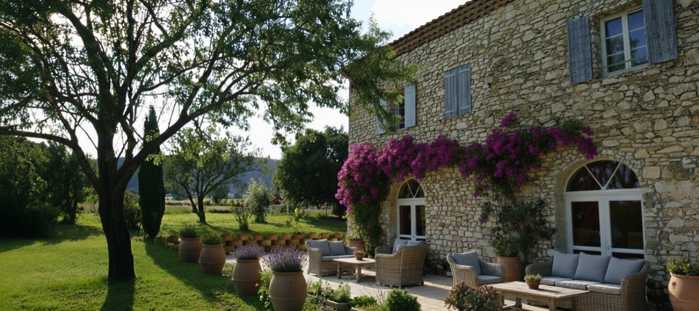 Terrasse du Domaine, mas provençal en pierre, volets bleu-gris, grands pots en terre cuite