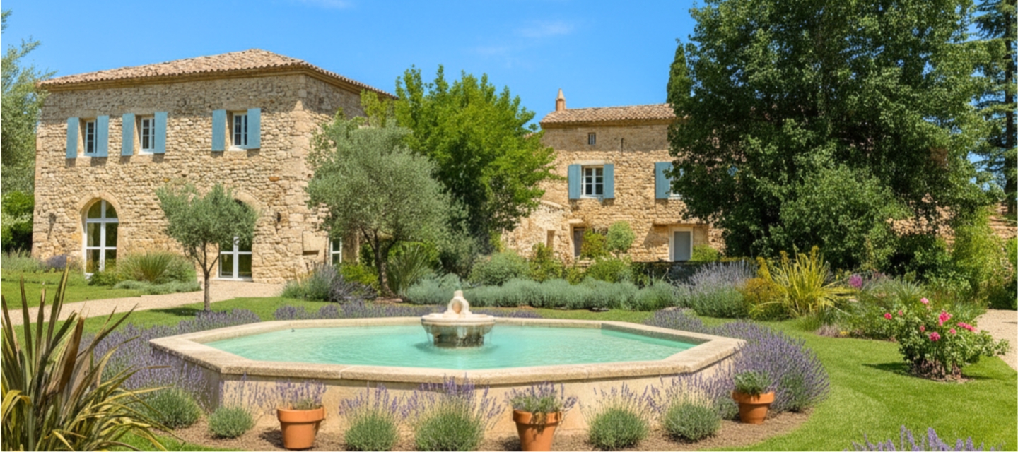 Entrée du Domaine de la Vivande, mas provençal en pierre et toits en tuiles, fontaine octogonale avec jet d'eau au premier plan, bassin entouré de lavande en fleurs