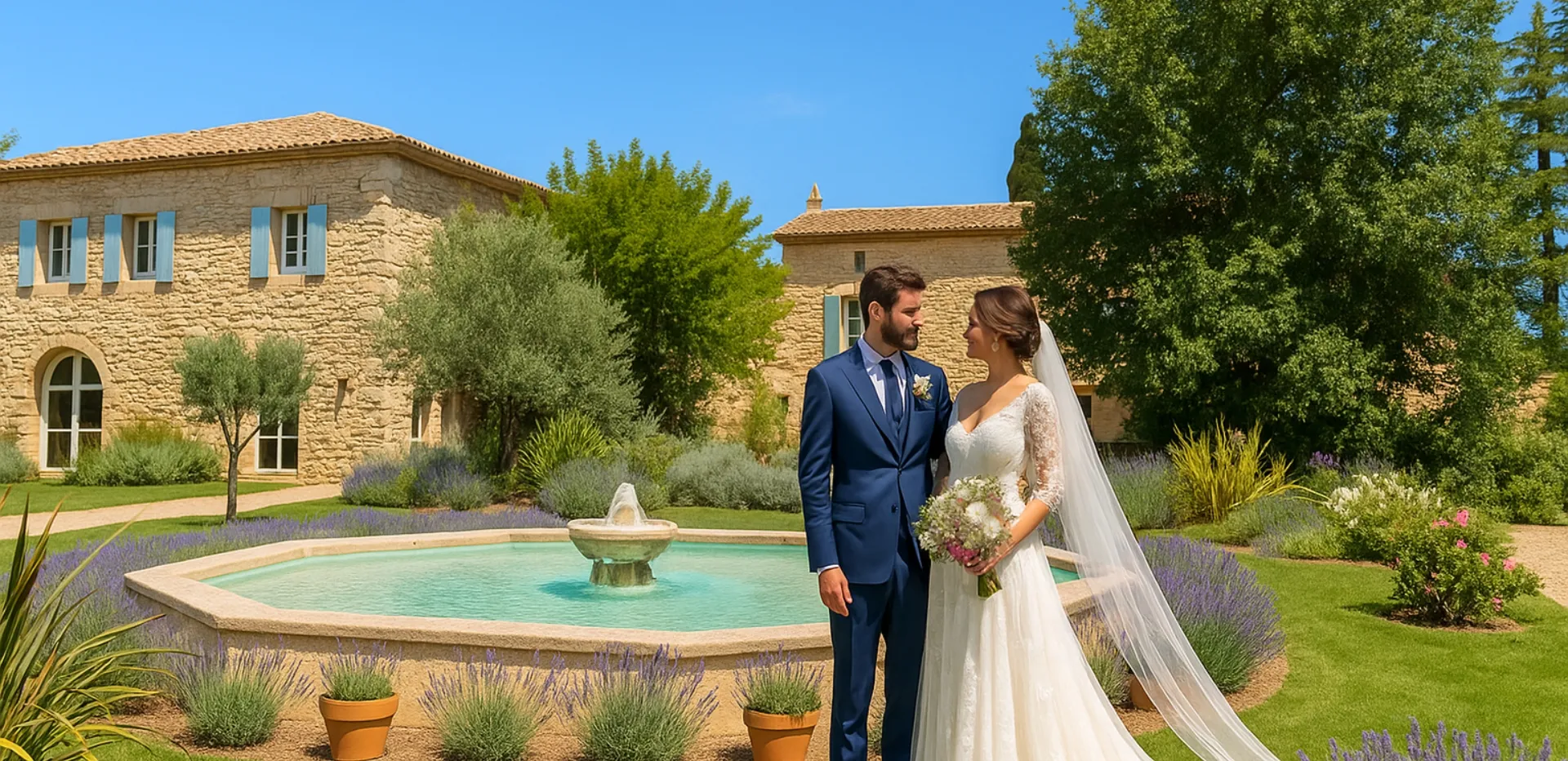 Couple Mariés au domaine de la Vivande devant un bassin dans un paysage pronvençal 