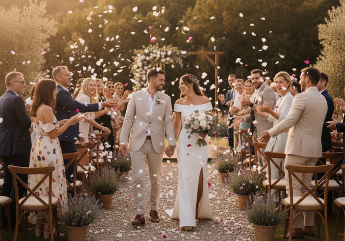 Organisation d'un mariage au Domaine de la Vivande, mariés marchant dans l'allée sous une pluie de confettis ou de pétales, invités applaudissant, cérémonie extérieure, allée bordée de pots de lavande et de chaises croisées en bois