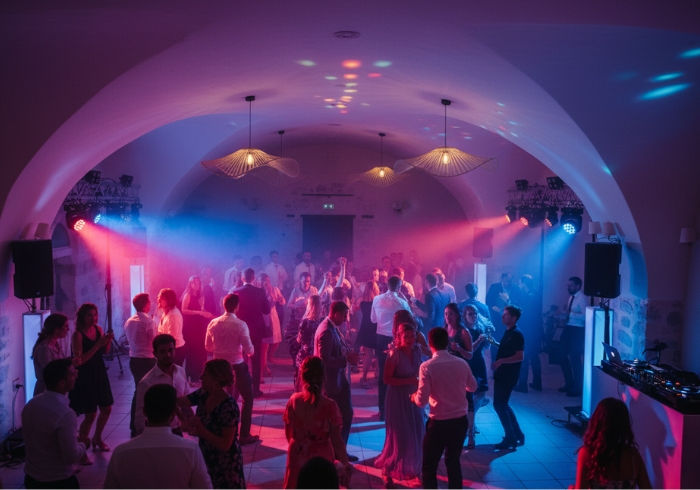 Soirée de mariage au Domaine de la Vivande, salle de réception voûtée éclairée par des lumières de couleur