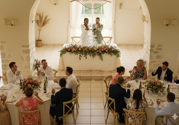 Cérémonie du champagne ou de la pièce montée dans la salle de réception du Domaine de la Vivande à la Marsanne, couple de mariés sur la table d'honneur versant du champagne sur une pyramide de coupes