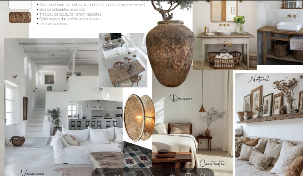 Moodboard pour un projet de rénovation Bastide - Le Gîte, style vacances et naturel, mélange de photos d'intérieurs blancs et minimalistes, salle à manger rustique, chambre douce, olivier en pot en terre cuite antique, salle de bain en bois recyclé