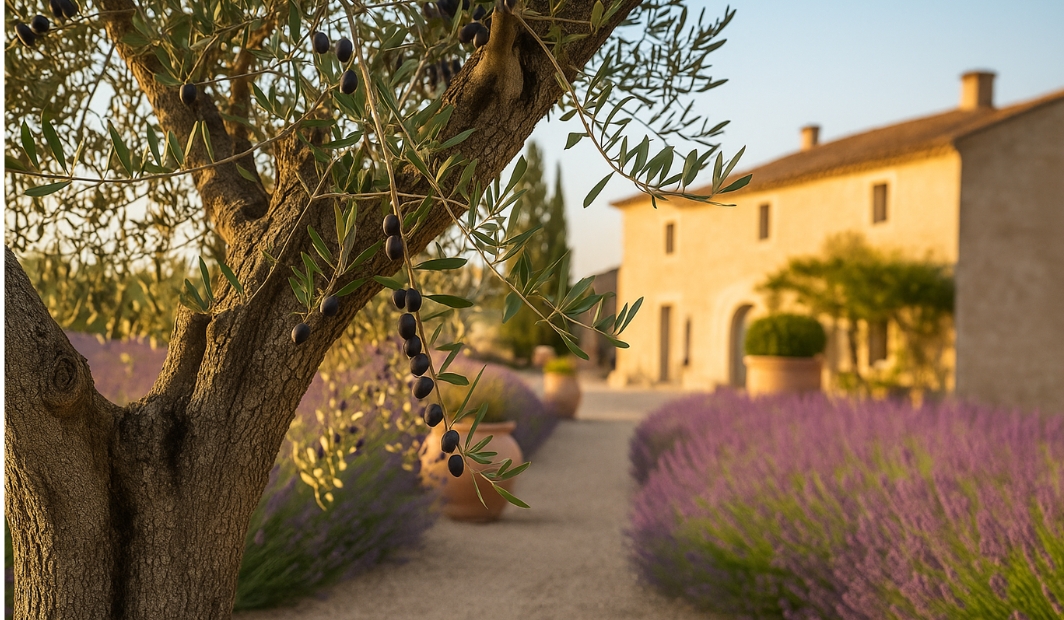Terrasse provençale au Domaine de la vivande en façade de mas en pierre pelouse et paysage de campagne