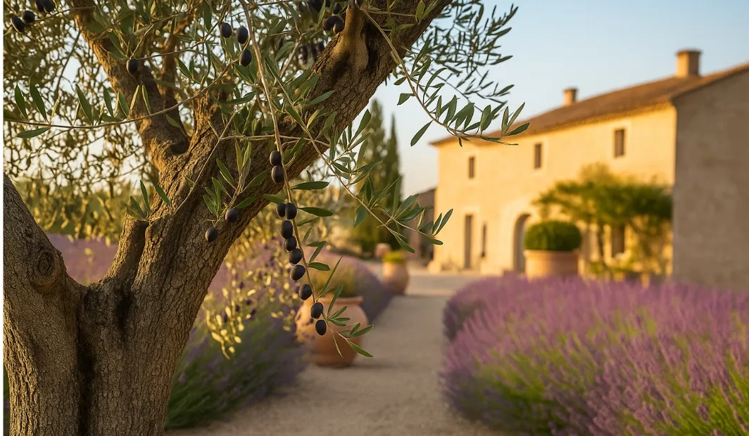 Terrasse provençale au Domaine de la vivande en façade de mas en pierre pelouse et paysage de campagne