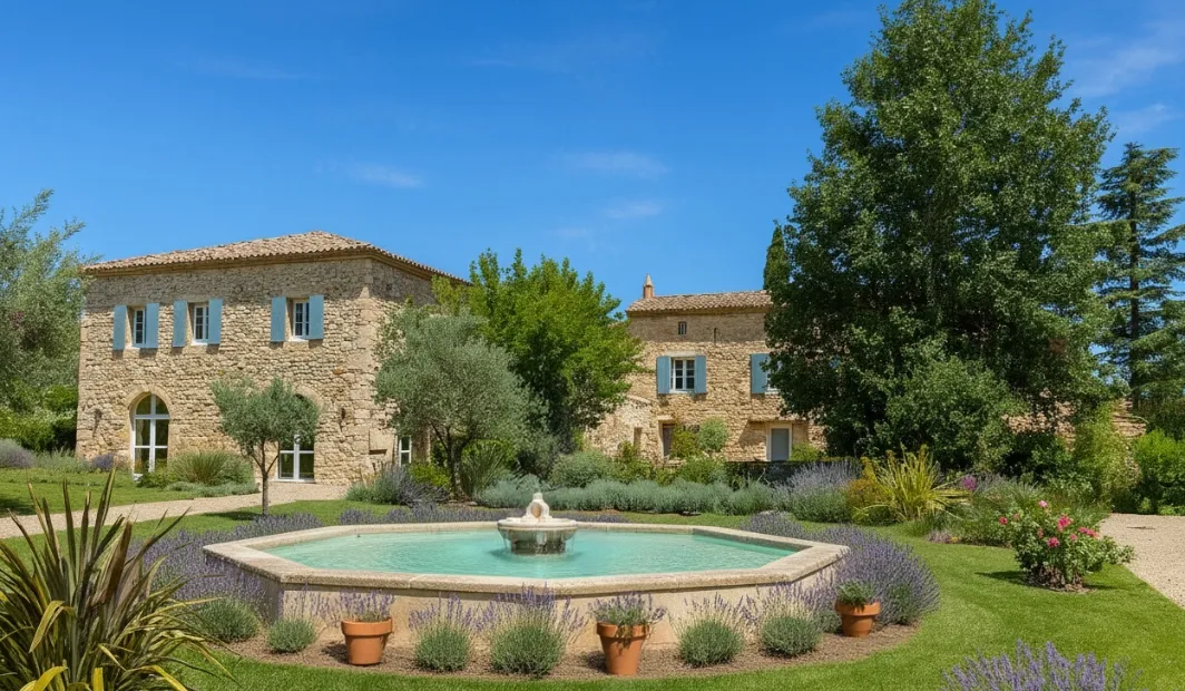 Domaine de la Vivande vue de l'extérieur avec un bassin entouré de pots en terre cuite