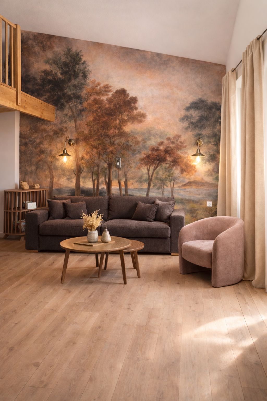 Room in rustic cottage design, French country style, white decor, recycled wood furniture, simple aesthetics