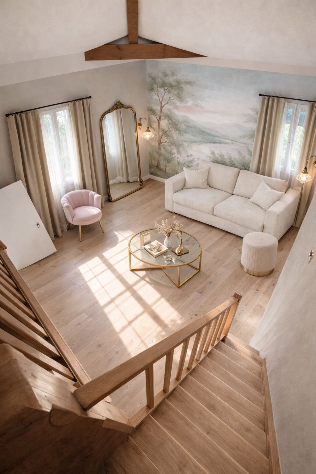 Minimalist bedroom, Mediterranean style, neutral and beige tones, white linen headboard, white linen, linen sheets, rustic wooden bedside table, antique plaid window.