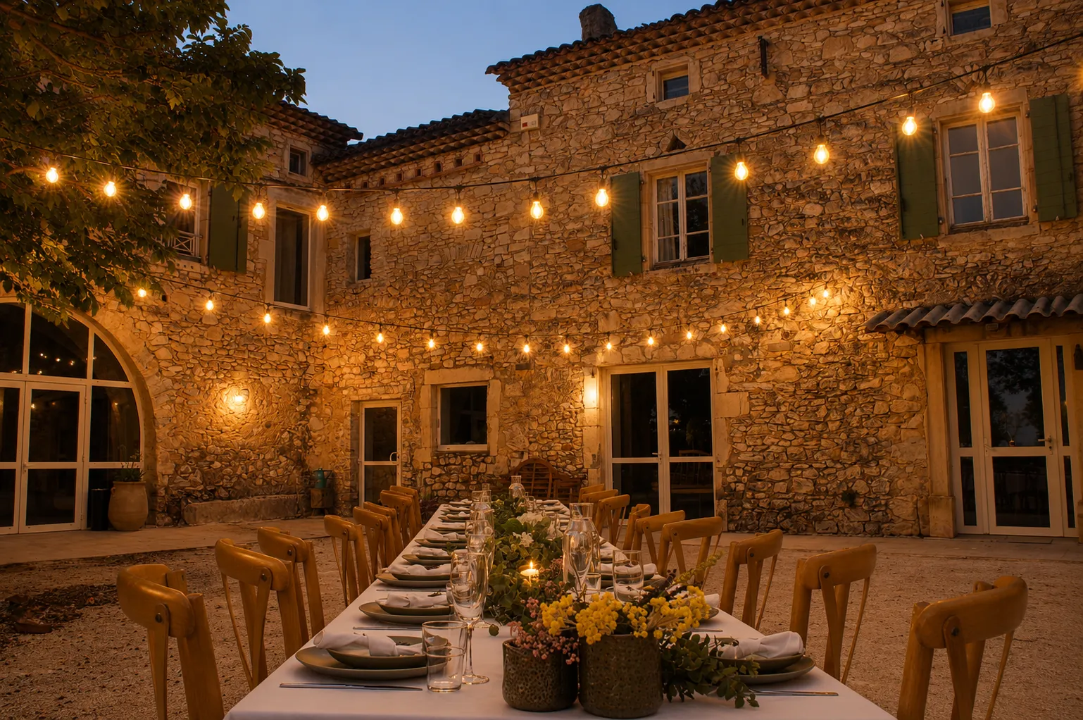 Outdoor dining area, round tables set with white tablecloths, string lights suspended above a large tree and the terrace of the country house