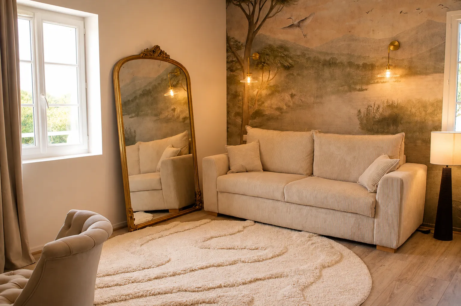 Room in rustic cottage design, French country style, white decor, recycled wood furniture, simple aesthetics