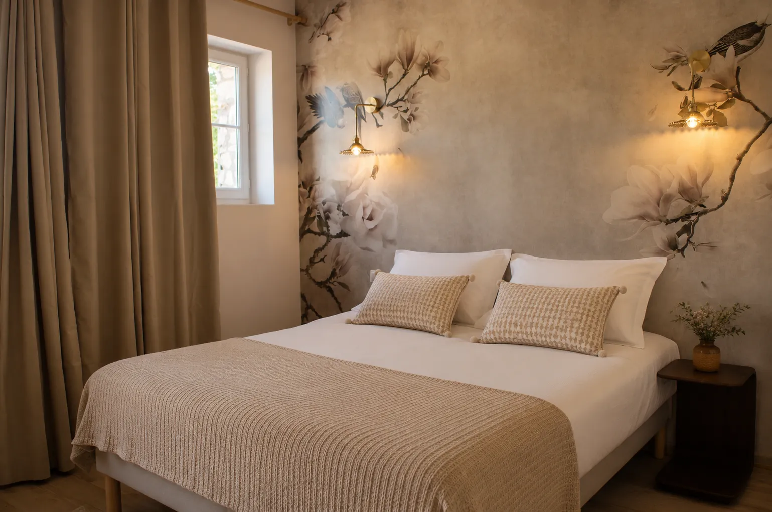 Minimalist bedroom, Mediterranean style, neutral and beige tones, white linen headboard, white linen, linen sheets, rustic wooden bedside table, antique plaid window.