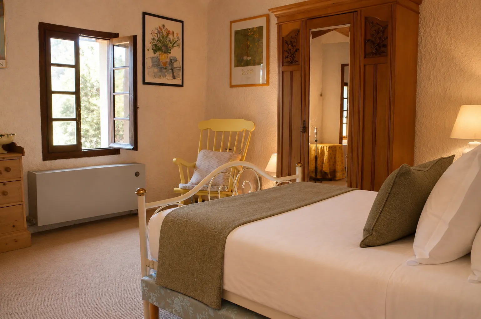 Provencal rooms with minimal and natural ambiance, earth and sage colors, wooden beams, linen bed linen