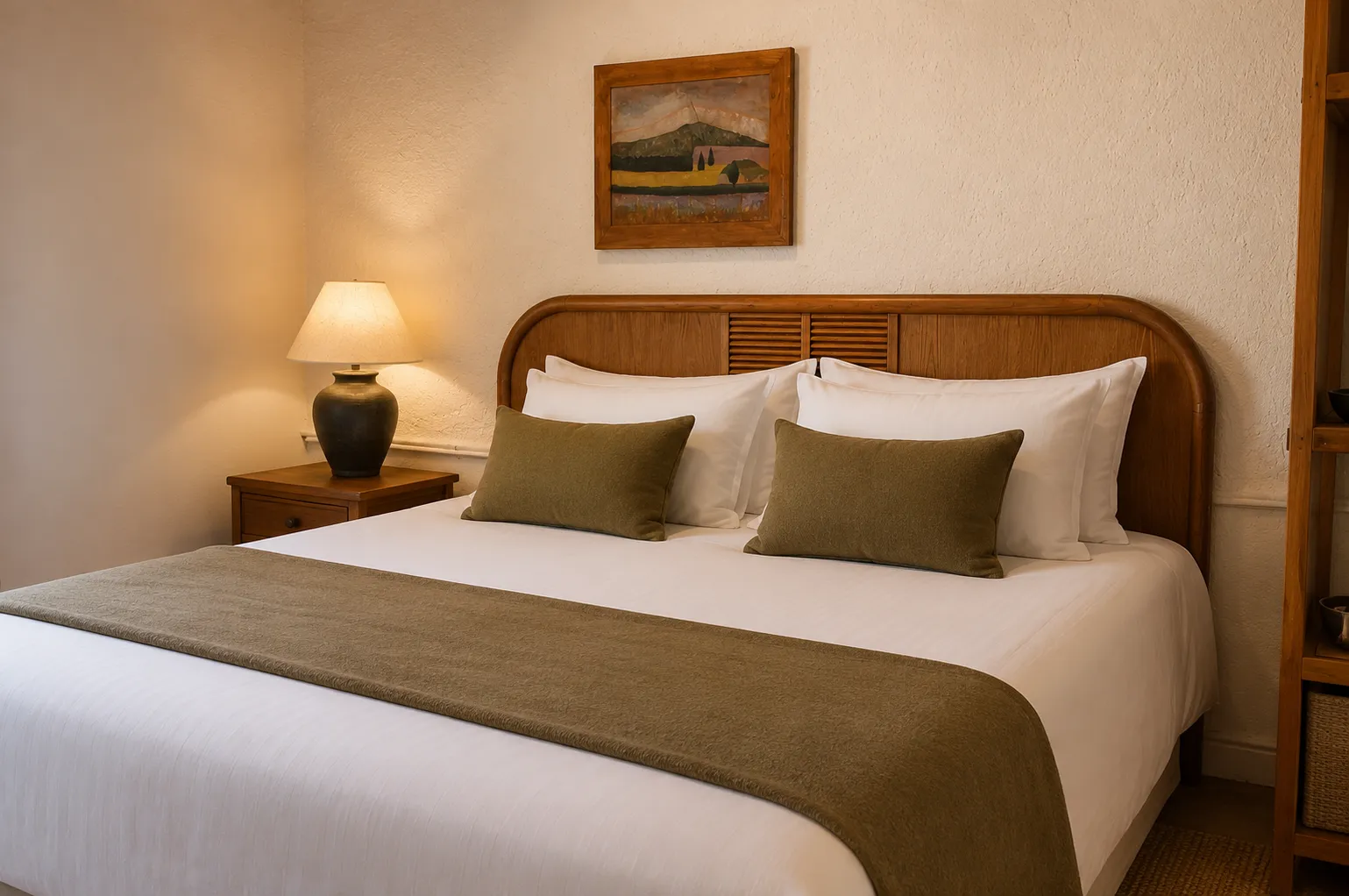 Mediterranean and rustic style bedroom, textured ochre walls, beige fabric headboard, beige fabric headboard, white linen bed linen, dark wood bedside table, wooden window.